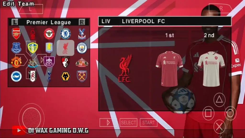 eFootball PES 2026 PPSSPP Android showing 25/26 season UCL and league kits with 4K graphics