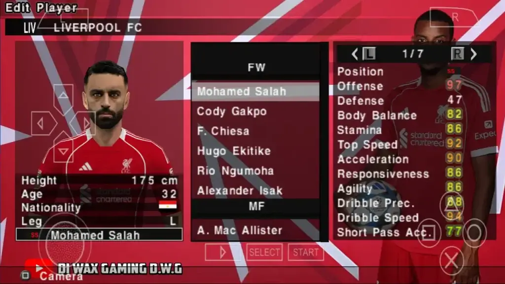 PES 2026 PPSSPP Android gameplay showing 25/26 season top transfers and league kits