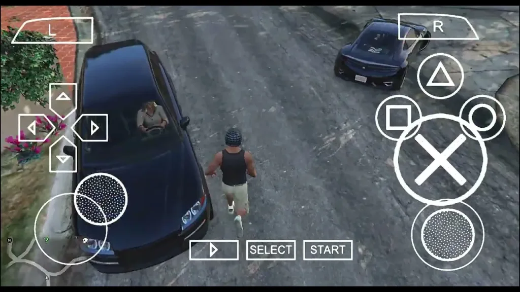 GTA 5 PPSSPP PS5 camera view gameplay showing player jogging in Los Santos freeway
