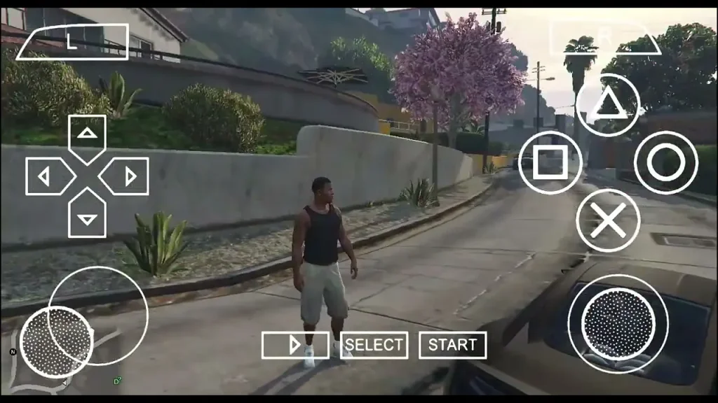 GTA 5 PPSSPP high graphics mode showing realistic car reflection and street view