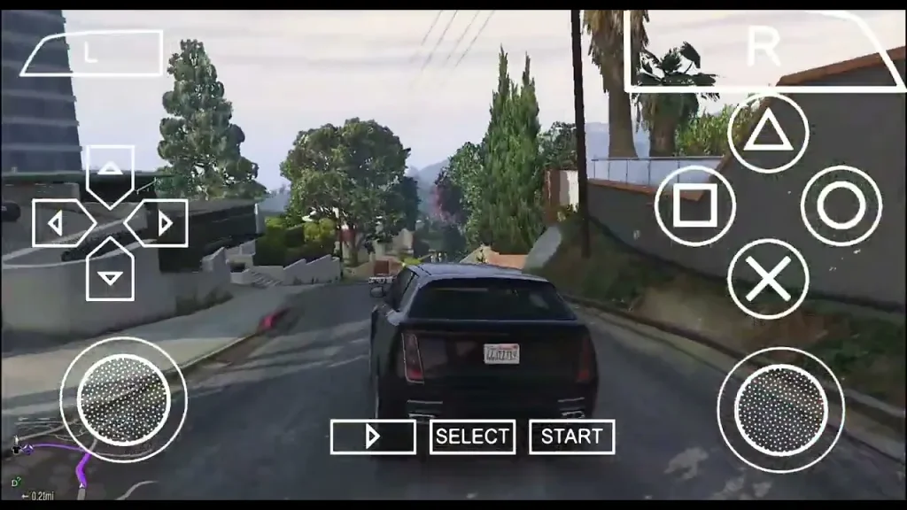 GTA V PPSSPP gameplay showing Los Santos cityscape under sunset with player driving supercar