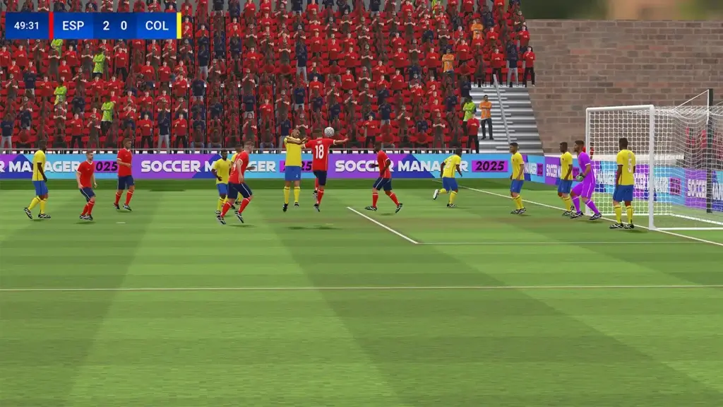 Soccer Manager 2025 gameplay on Android showing realistic tactics, team management, and live matches