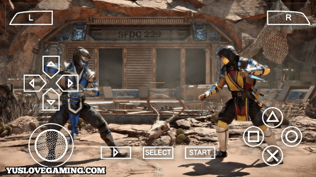 Mortal Kombat 11 PSP ISO gameplay on Android featuring Scorpion vs Sub-Zero battle in desert arena