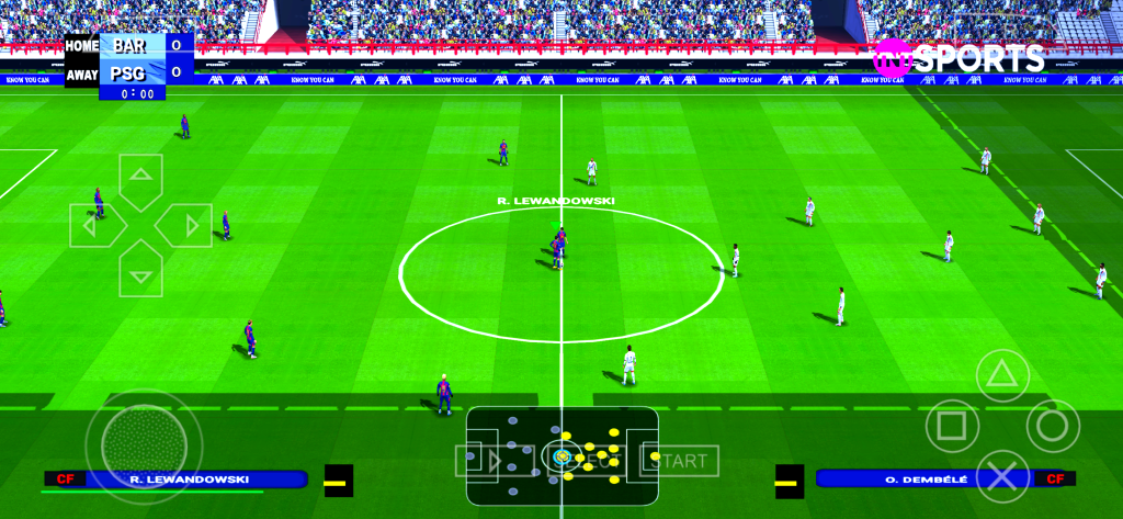 eFootball PES 2026 PPSSPP gameplay showing Paris Saint German vs Barcelona with PS5 camera view