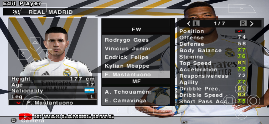 PES 2026 PPSSPP updated transfers for 25/26 season featuring Mbappé, and F.Mastantuono