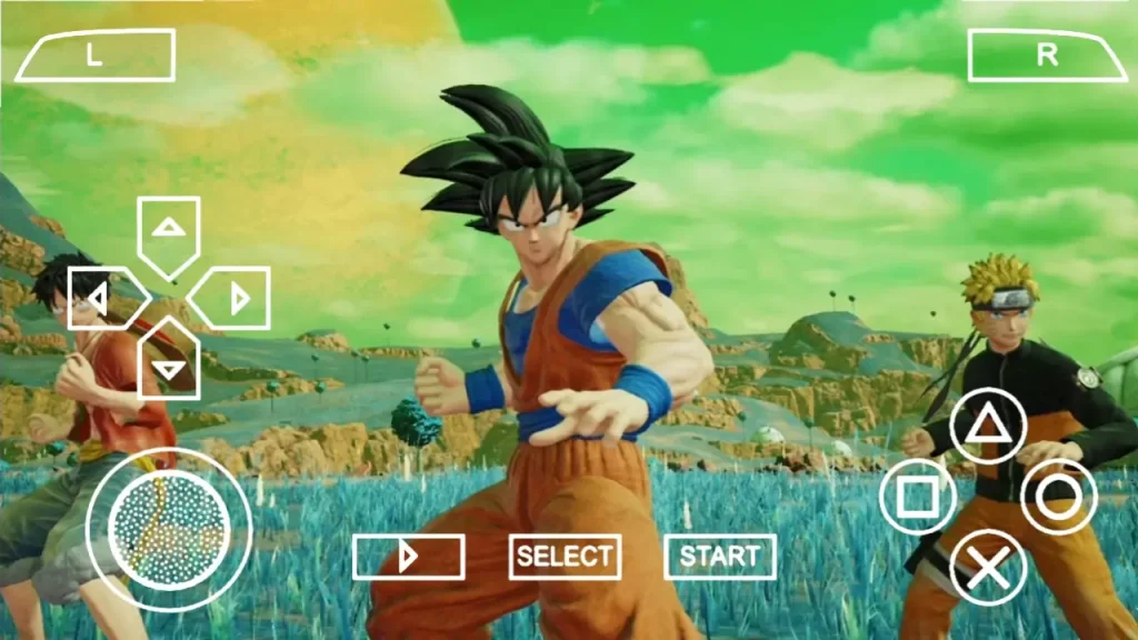 Jump Force PSP gameplay showing Goku, Naruto, and Luffy teaming up in an intense anime battle arena.