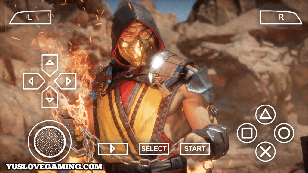 Mortal Kombat 11 PSP Android gameplay showing Scorpion with flaming chain and HD detailed graphics