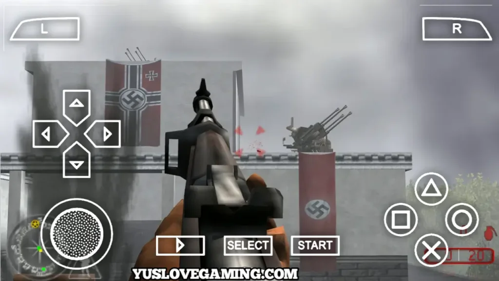 Player using M1 Garand rifle in intense WWII battle scene on Call of Duty Roads to Victory PSP