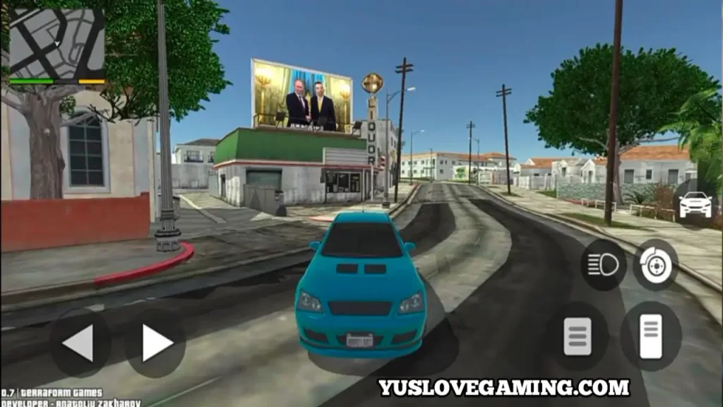 Grand Theft Auto V Android version driving scene featuring sports car racing through Los Santos streets.