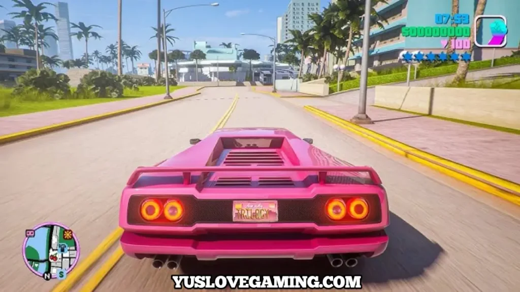 Tommy Vercetti racing a red sports car down Ocean Drive in GTA Vice City Android gameplay.
