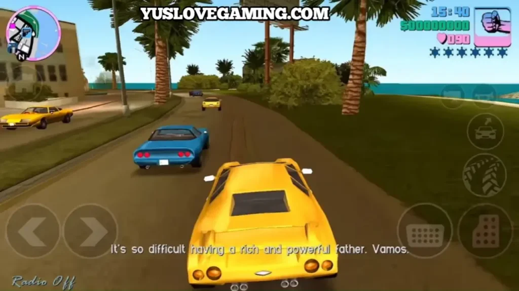 Player driving a yellow taxi through downtown Vice City picking up passengers in traffic.