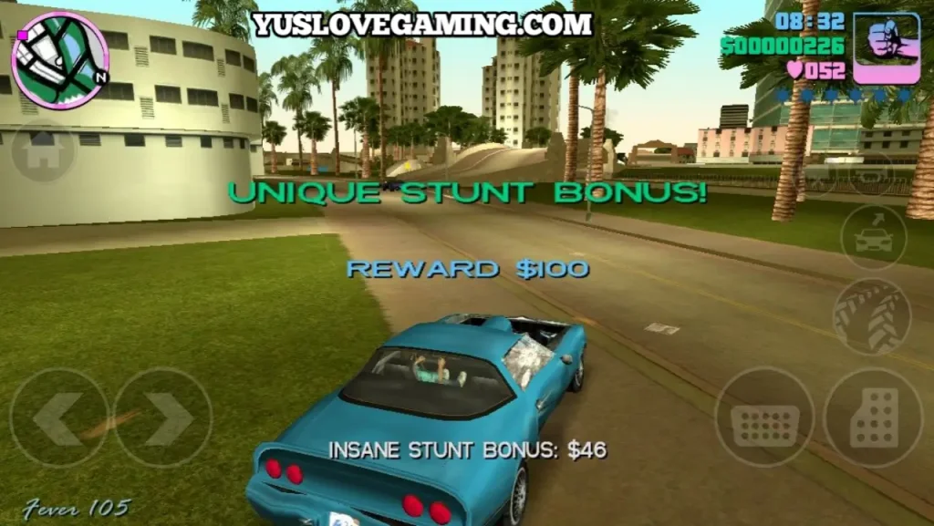 Car performing a high jump stunt off a ramp near the beach area in GTA Vice City Android version.
