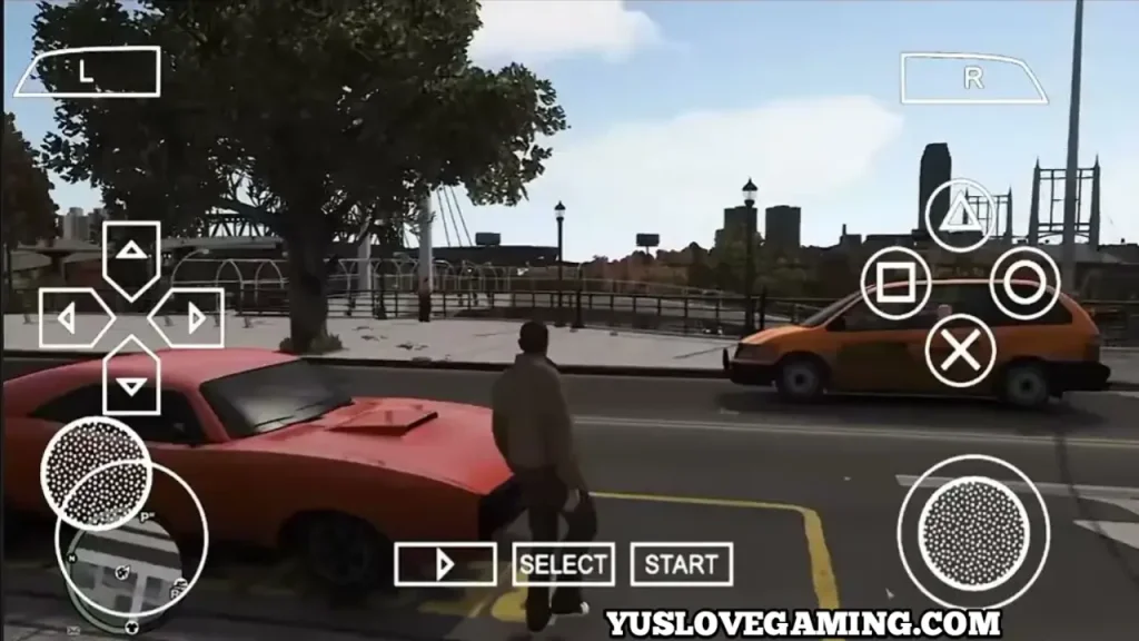 GTA IV PSP MOD gameplay showing Niko Bellic standing in front of a red sports car in Liberty City street scene
