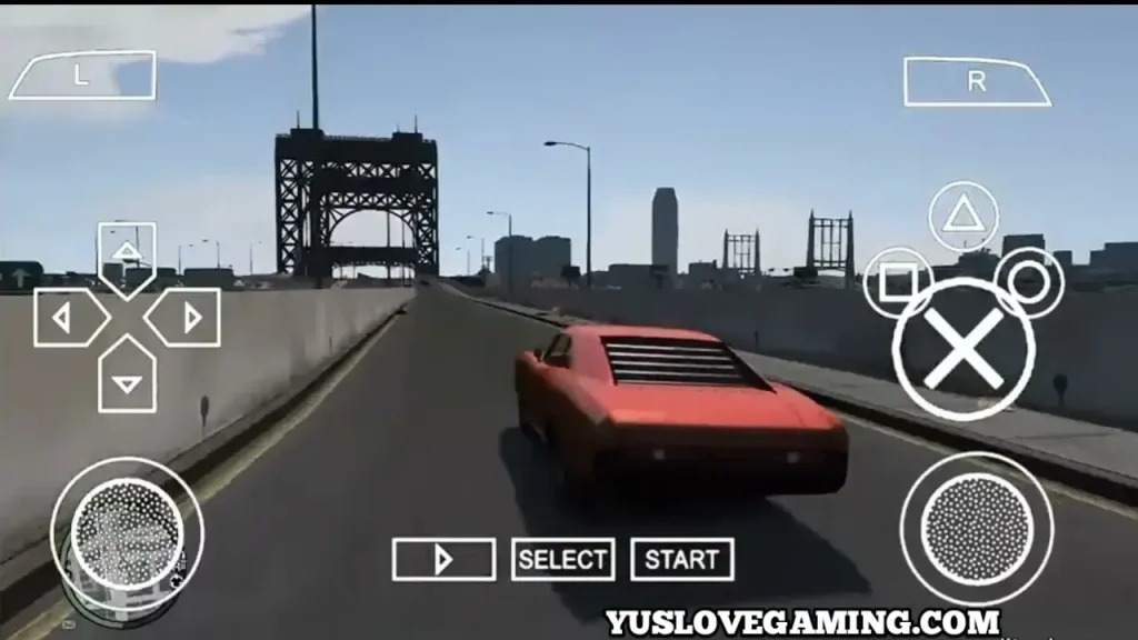 GTA IV PSP MOD Android gameplay showing Niko driving across Liberty City bridge with detailed city skyline