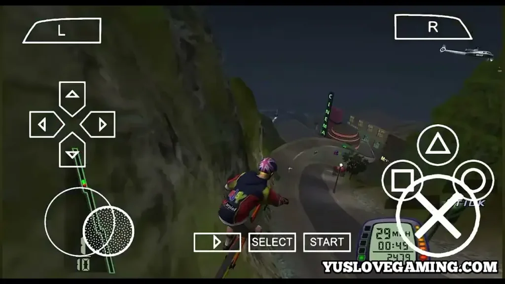 Player performing a high jump stunt with mountain backdrop in Downhill Domination PSP