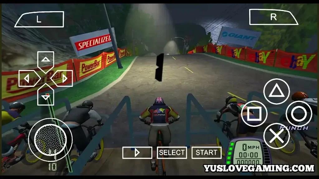 Racers lined up at the starting gate ready for countdown in Downhill Domination PSP ISO Android gameplay using PPSSPP emulator