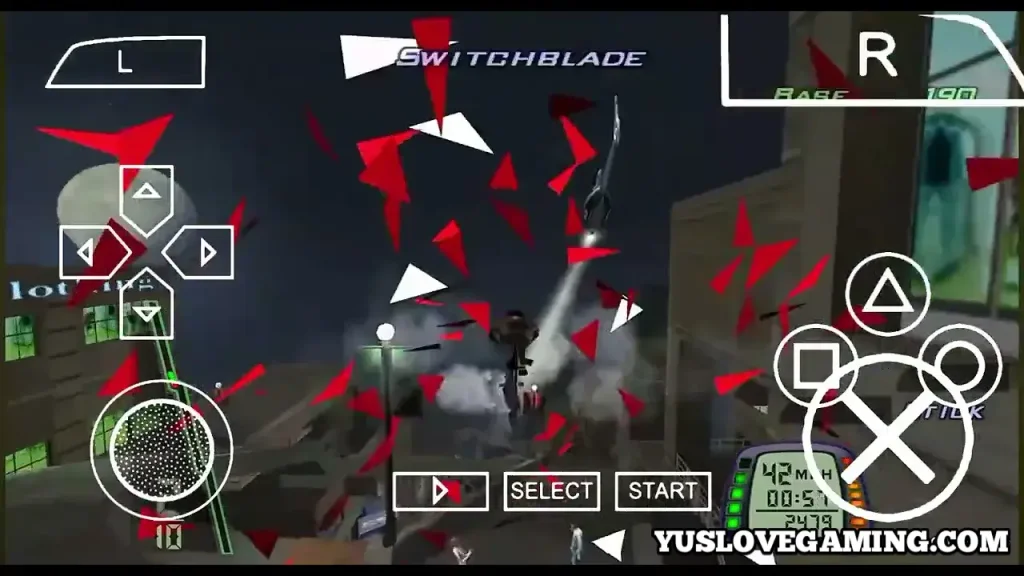 Player performing a Switchblade stunt mid-air at night in Downhill Domination PSP ISO Android gameplay using PPSSPP emulator