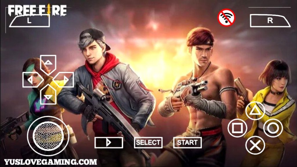 Garena Free Fire PSP Mod ISO gameplay showing player aiming during intense battle scene on Android PPSSPP.