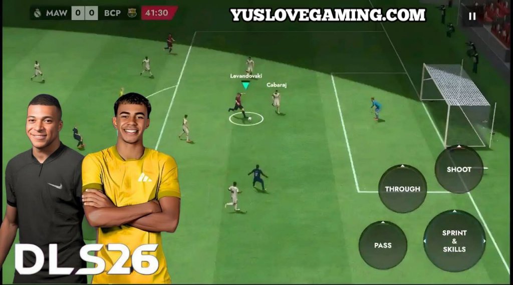 Lamine Yamal and Kylian Mbappé in DLS 26 MOD EA SPORTS FC 26 APK standing in a packed stadium background with 2025/26 kits