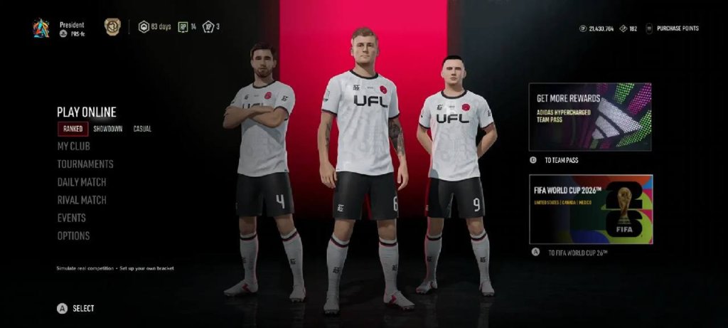 UFL 2026 Android game main menu interface displaying play modes, team selection, and stadium options