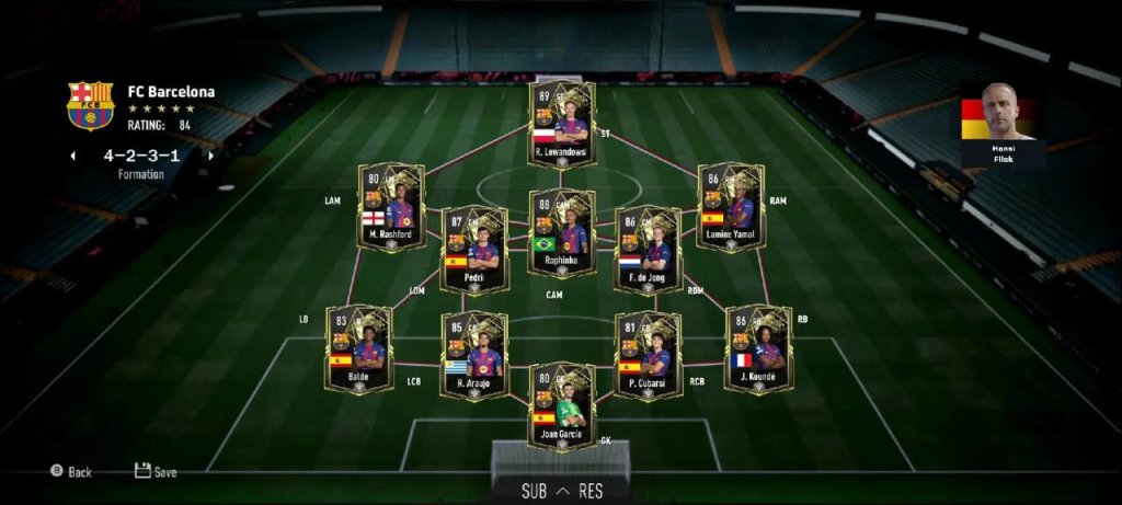 UFL 2026 mobile formation screen showing player positions, tactics, and team lineup strategy view