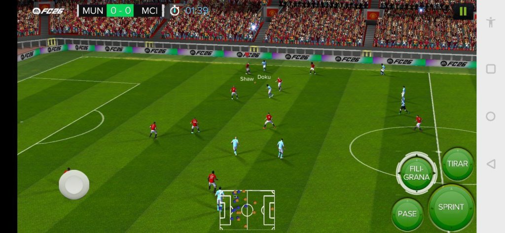 FIFA 14 Mod FC 26 gameplay showing new season kits and realistic stadium lighting on Android.
