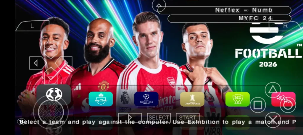 eFootball PES 2026 PSP ISO main menu screen showing game modes and options for Android players