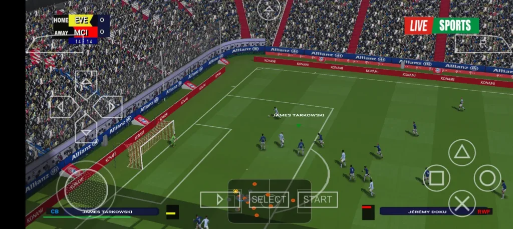 eFOOTBALL PES 2026 PSP ISO gameplay showing PS5 camera angle with updated 2025/26 kits
