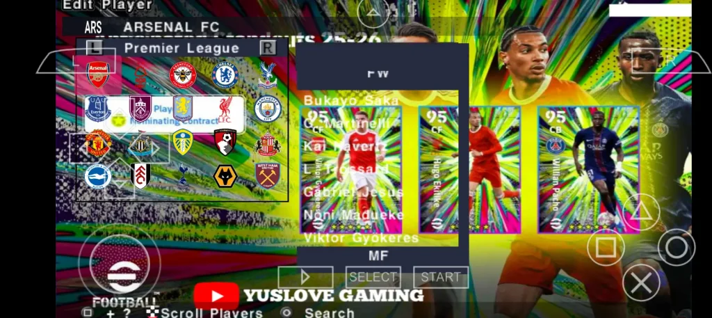 PES 2026 PPSSPP edit player screen showing player customization options, kits, and real faces