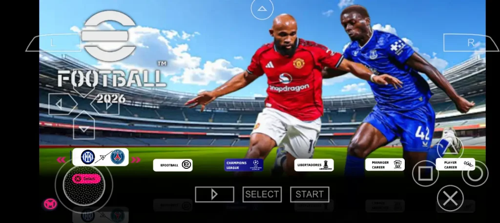 eFootball PES 2026 PPSSPP main menu showing updated background, club logos, and new UI design