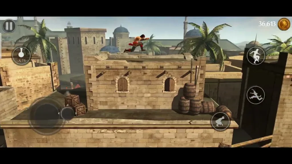 Prince of Persia The Shadow and the Flame gameplay showing the prince running through temple ruins with HD graphics