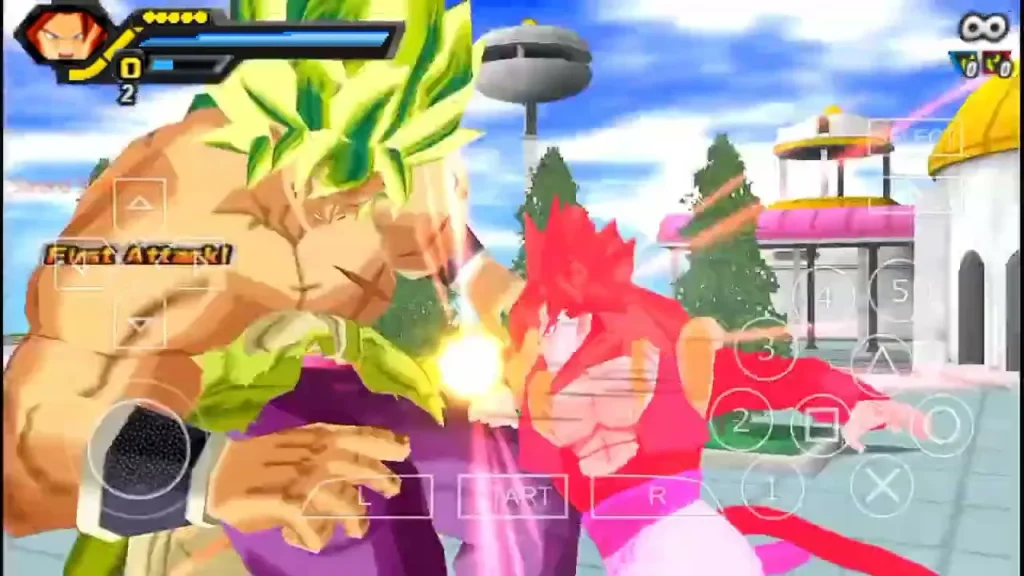 Dragon Ball Z Tenkaichi Tag Team Greatest PSP mod showing Goku, Vegeta, Broly, and Jiren fighting