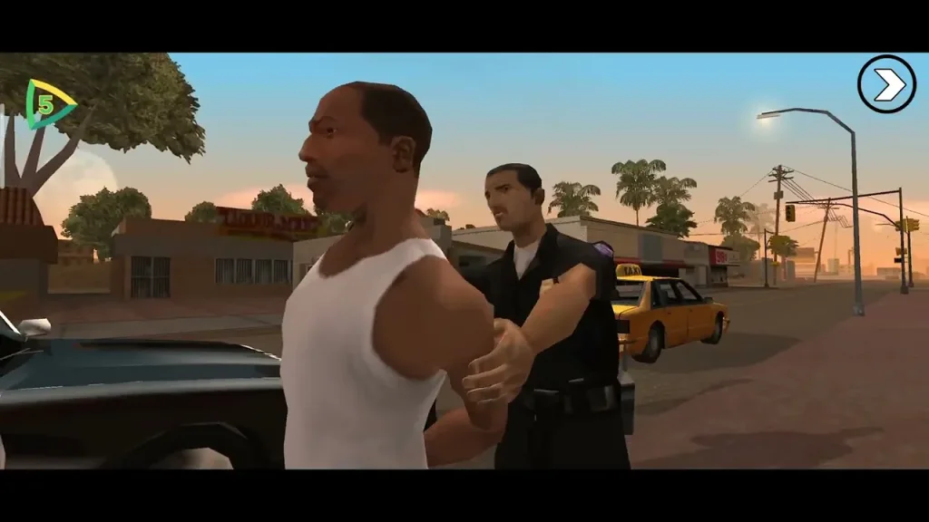 GTA San Andreas Mod Menu Android gameplay showing CJ arrested in Los Santos updated graphics