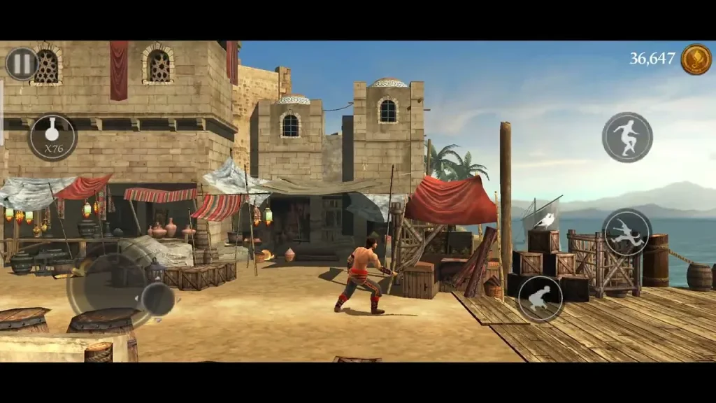 Prince battling enemies in a desert fortress with sword combat and cinematic background