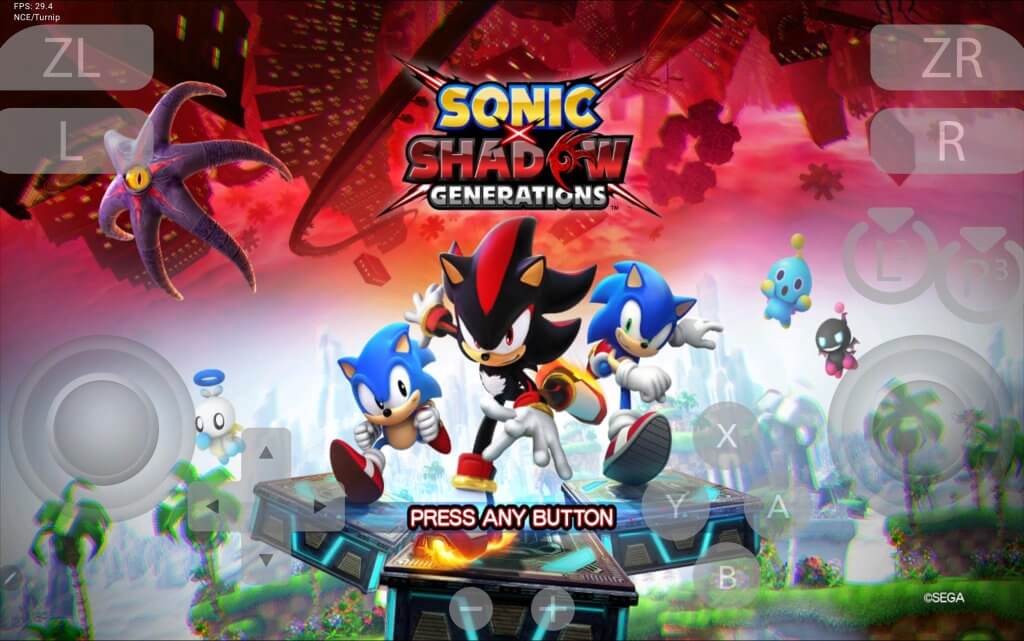 Sonic and Shadow racing through Green Hill Zone at high speed on Android emulator gameplay in Sonic X Shadow Generations