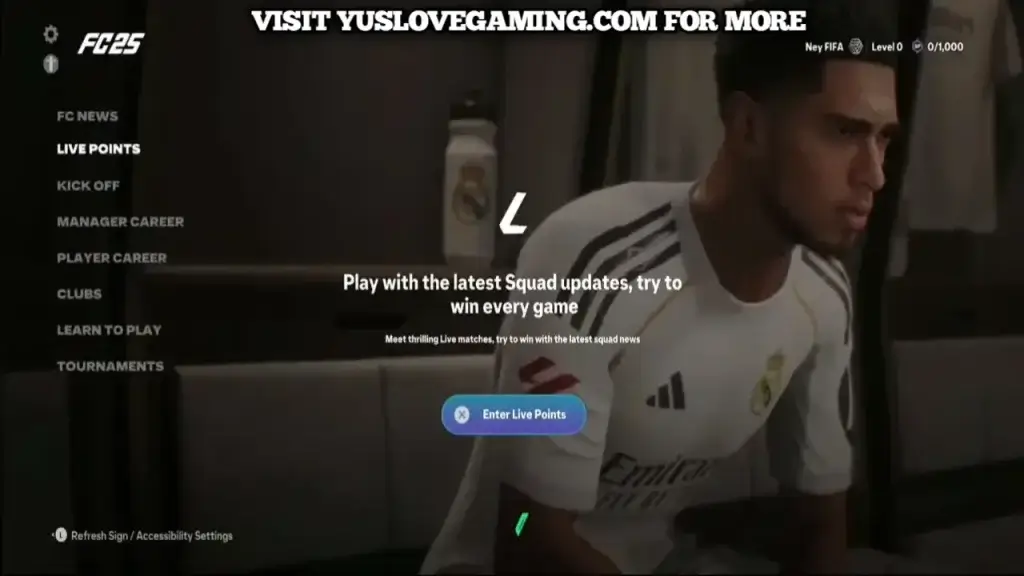 FIFA 16 Mod FC 26 main menu showing Career Mode, Tournament, Manager Mode, and friendly match options with 2025/26 update interface