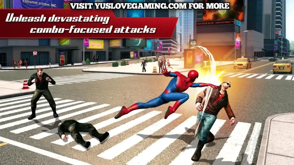 The Amazing Spider-Man 2 APK 2025 version showing Spider-Man battling enemies in the streets of Manhattan