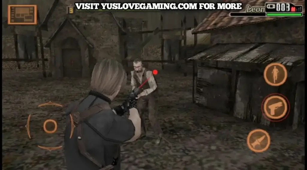 Resident Evil 4 gameplay scene showing Leon aiming at zombies in dark village using flashlight and shotgun