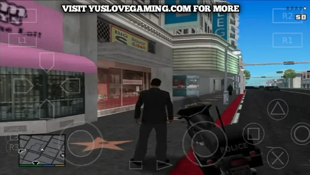 GTA V PS2 Legacy Edition Android gameplay showing Franklin during a mission in Los Santos city streets