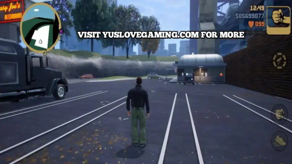 Grand Theft Auto III Definitive Edition Android gameplay showing Liberty City streets, HD graphics, and realistic lighting effects