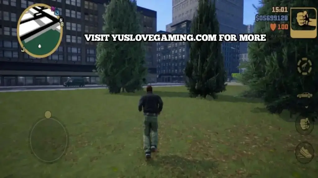 GTA III APK OBB Android gameplay featuring cars, buildings, and open-world city environment in the Definitive Edition