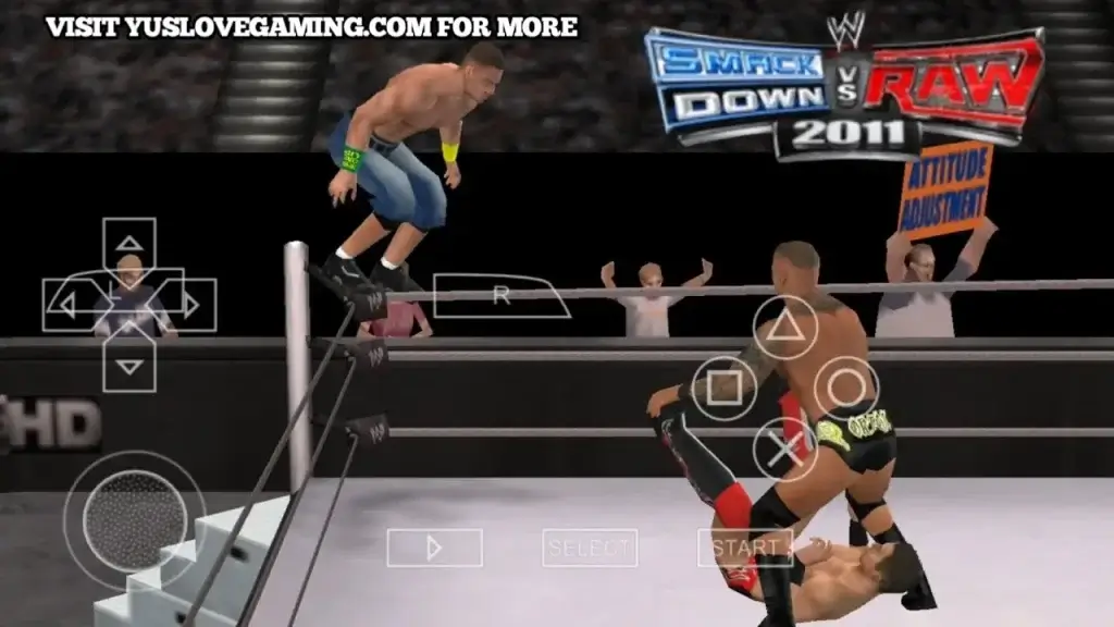 WWE SmackDown vs Raw 2011 PSP gameplay showing John Cena fighting his opponent in the ring, with PSP on-screen controls visible.