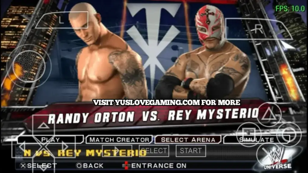 WWE SmackDown vs Raw 2011 PSP match screen showing Randy Orton versus Rey Mysterio with PSP controls overlay