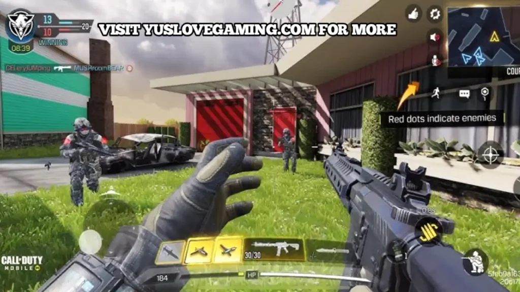 Call of Duty Mobile gameplay in first-person view showing a firefight on the Nuketown map, with the player aiming at enemies near a modern house.