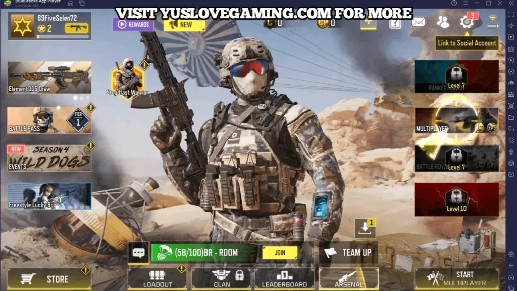 Call of Duty Mobile main menu showing a soldier in tactical gear holding a rifle, with multiplayer, ranked, and battle royal options displayed on the screen.
