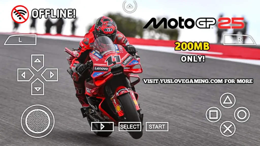 MotoGP 25 PSP racing mode screenshot showing motorcycles competing on the track.