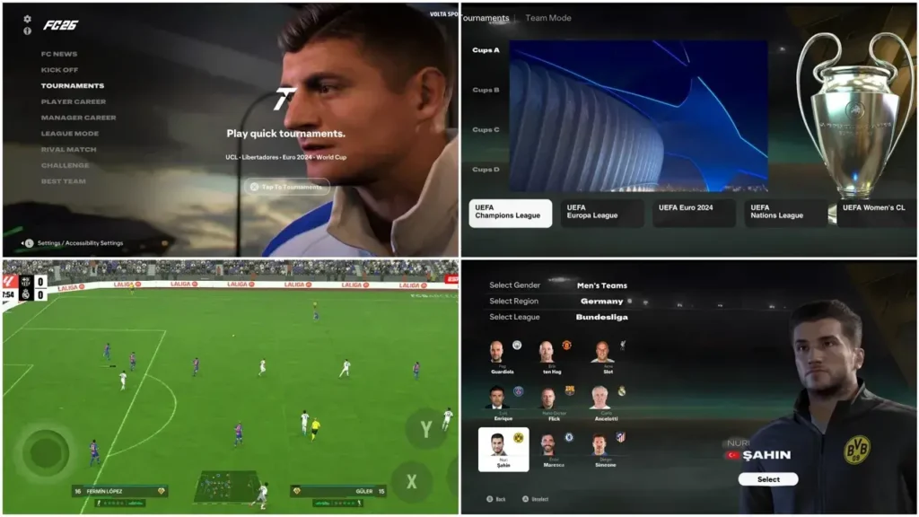 FIFA 16 Mod FC 26 Mobile Android menu showing updated background and HD pitch, bright grass textures and updated player visuals.