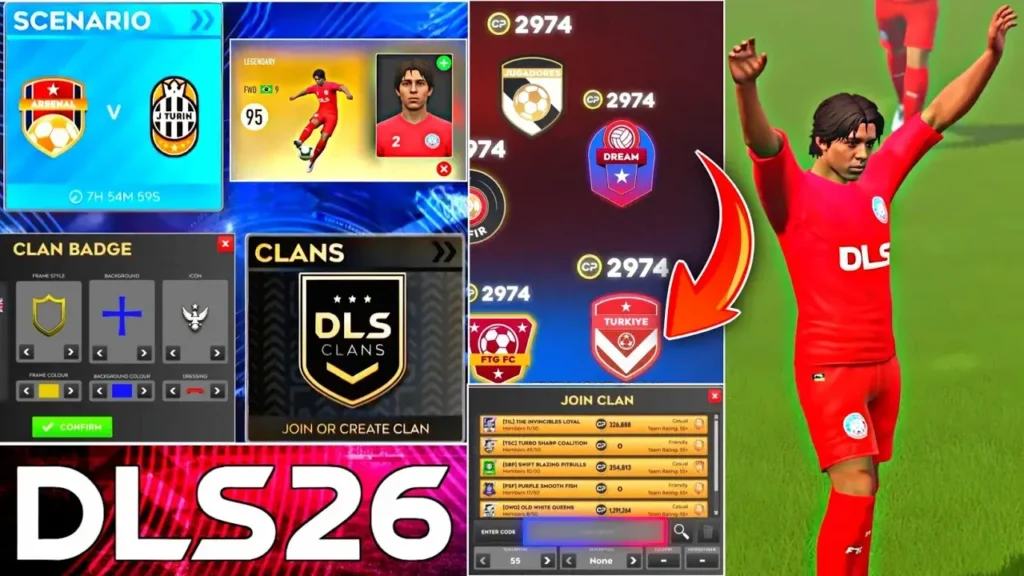 DLS 26 gameplay screenshot with HD stadium graphics and real player faces.