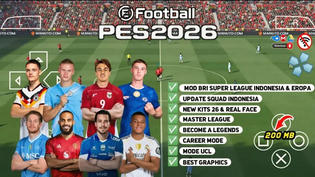 Promotional graphic for eFootball PES 26 PSPfeaturing several football players in various team kits, with a stadium match scene in the background. PSP-style on-screen controls are displayed, along with feature highlights such as updated squads, new kits, Master League, Career Mode, UCL mode, and best graphics.