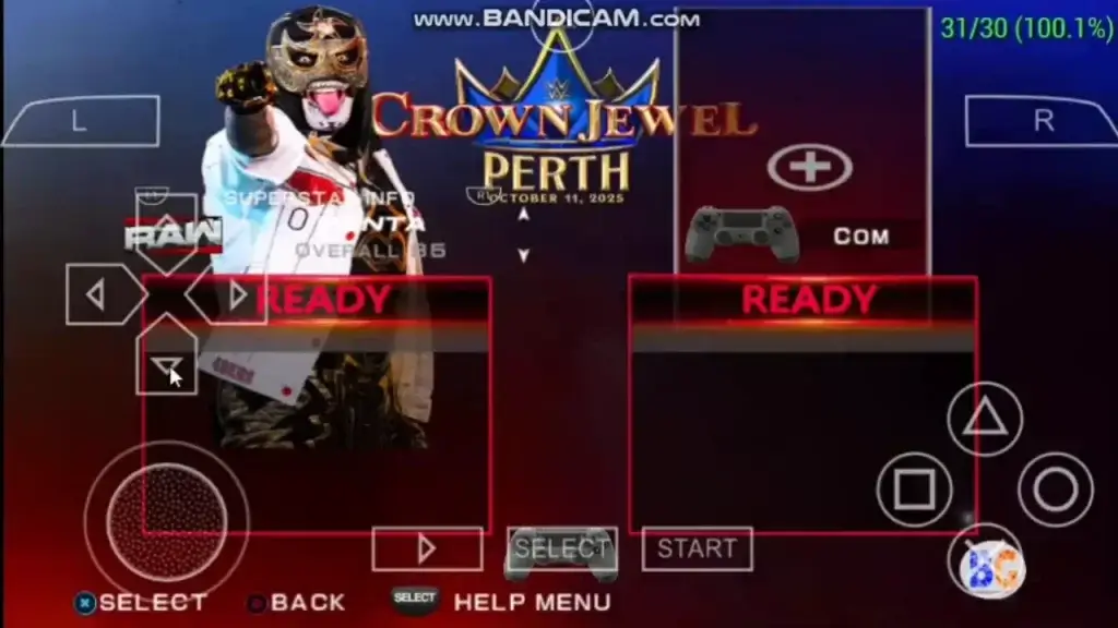 WWE 2K PSP mod Crown Jewel Perth 2025 match setup screen showing wrestler selection with Pentagon Jr. ready for the fight.